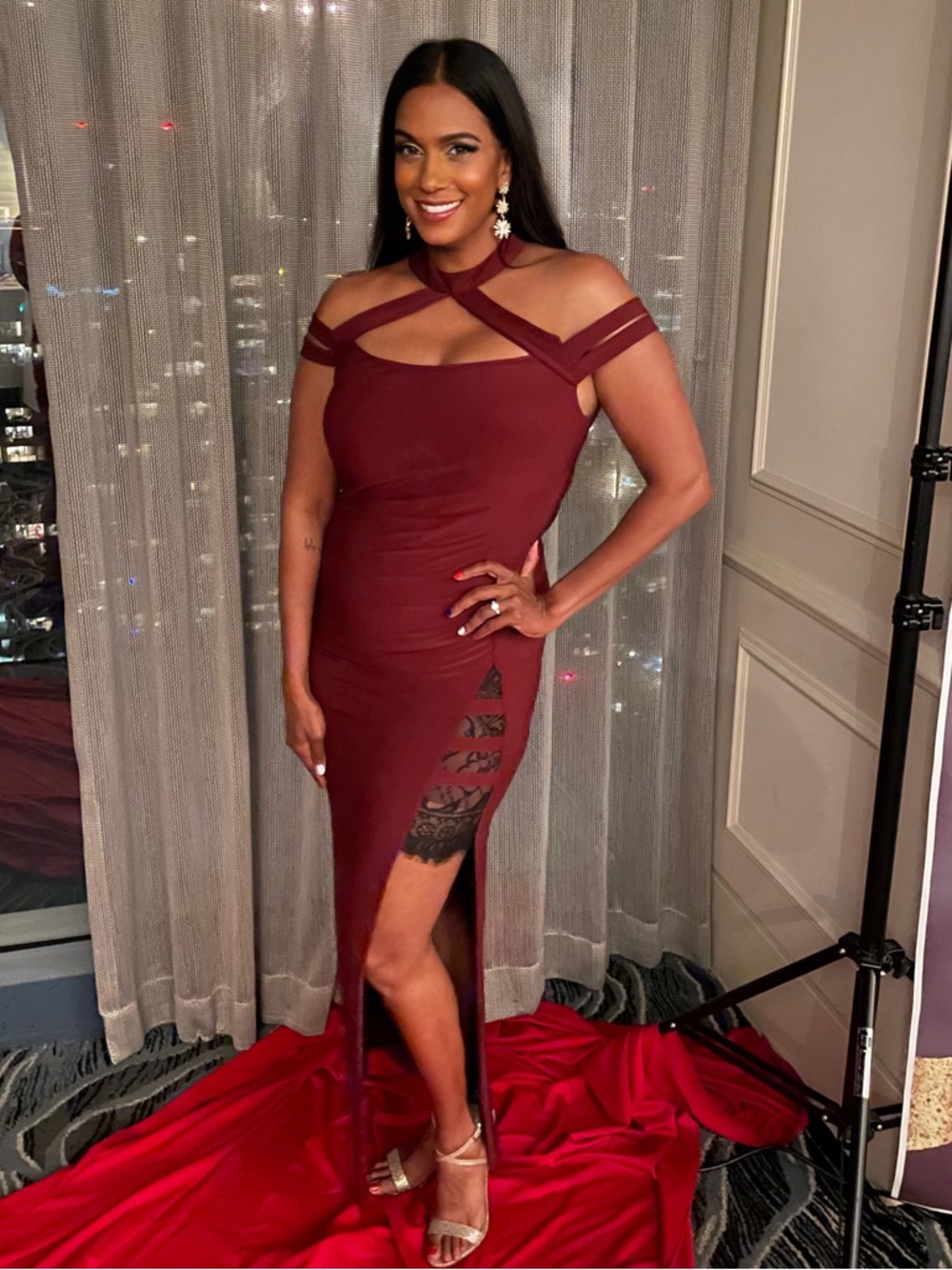 VENUS Burgundy Strappy Cutout High-Low Evening Dress